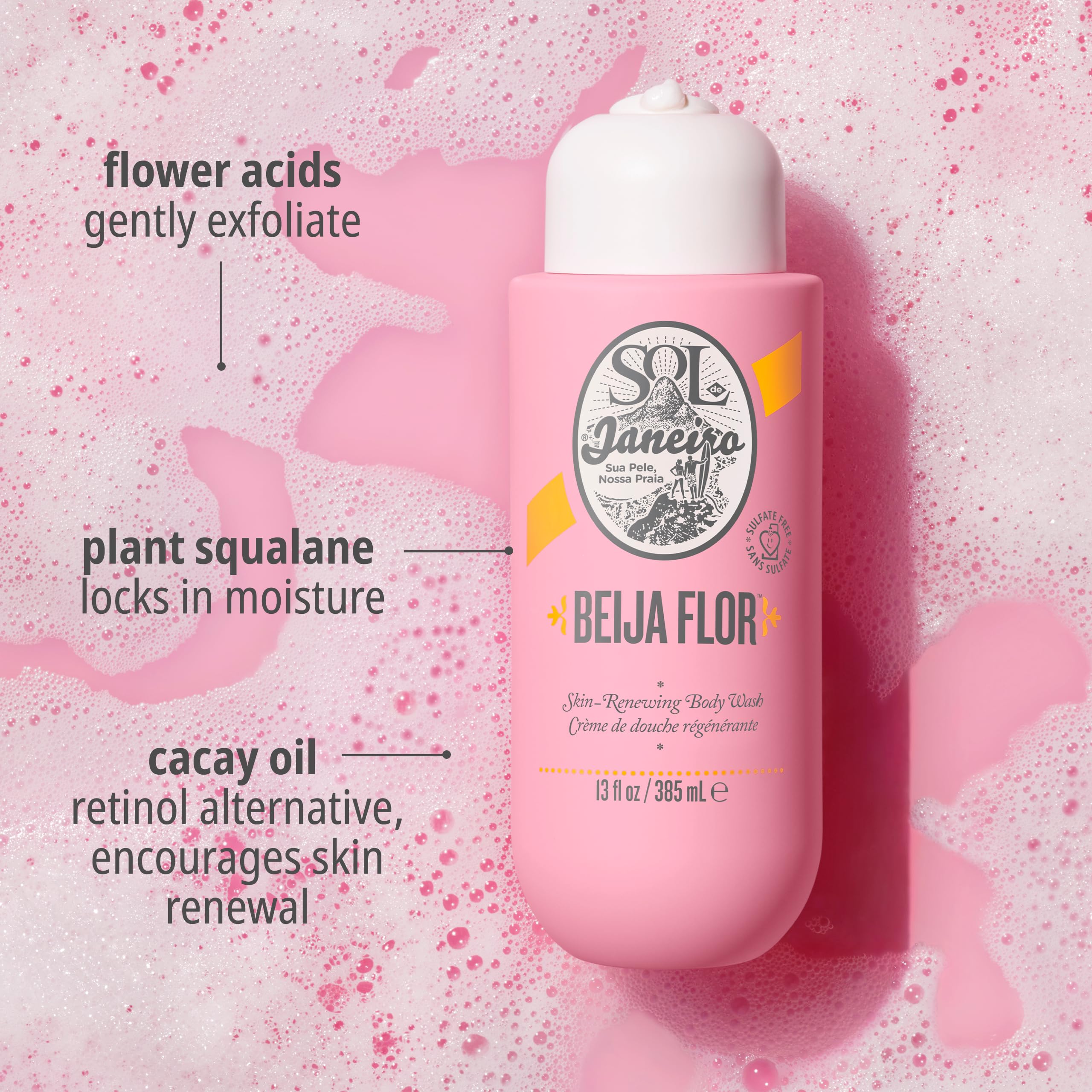 Sol de Janeiro Beija Flor Body Wash packaging highlights moisturizing formula in premium design.