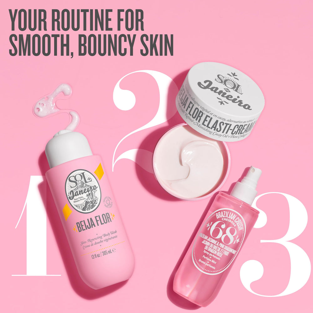 Sol de Janeiro Beija Flor Body Wash on a sunny counter evokes spa-like bath experience.