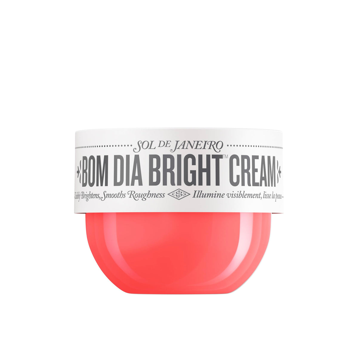 Sol de Janeiro Bom Dia AHA body cream tube close-up highlighting brightening and smoothing potential.
