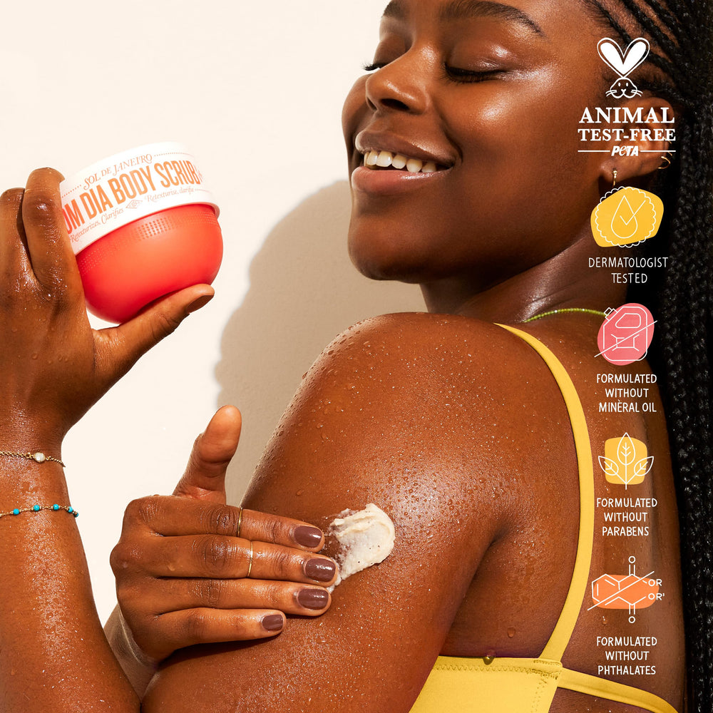 Passionfruit seeds in Bom Dia Bright scrub formula providing gentle physical exfoliation.