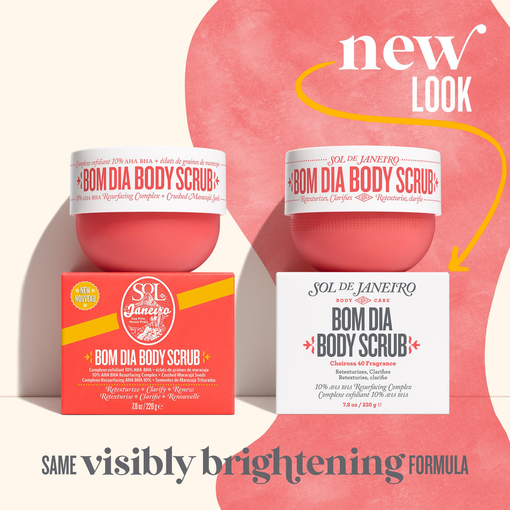 Packaging display of Sol de Janeiro Bom Dia Bright 220g jar.
