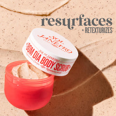 Close-up of Bom Dia Bright scrub texture showing passionfruit seeds for gentle exfoliation.