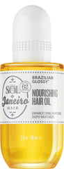 Sol de Janeiro hair oil bottle showing glossy finish and frizz control benefits.
