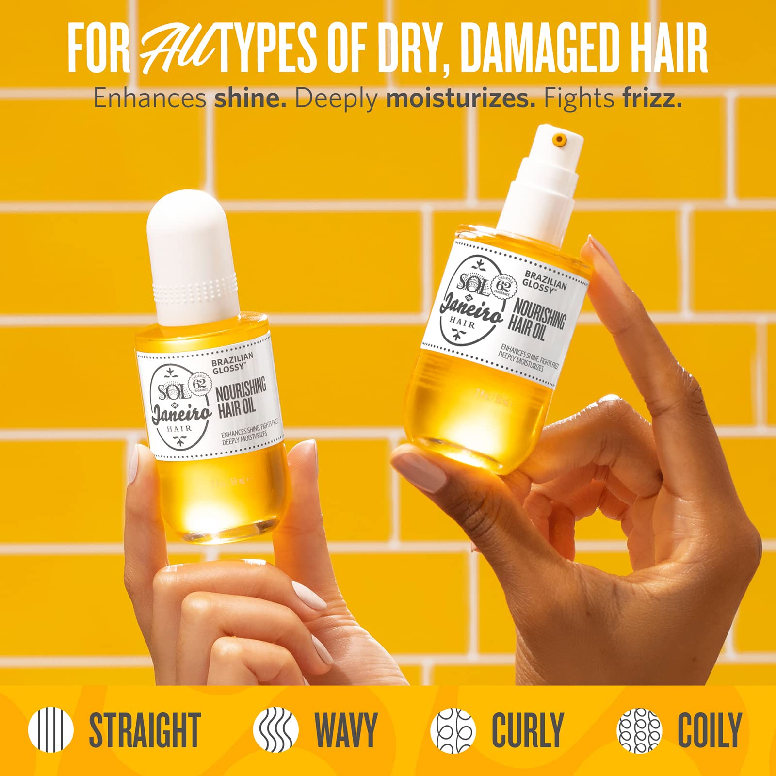 Sol de Janeiro hair oil pump bottle for quick, even application.