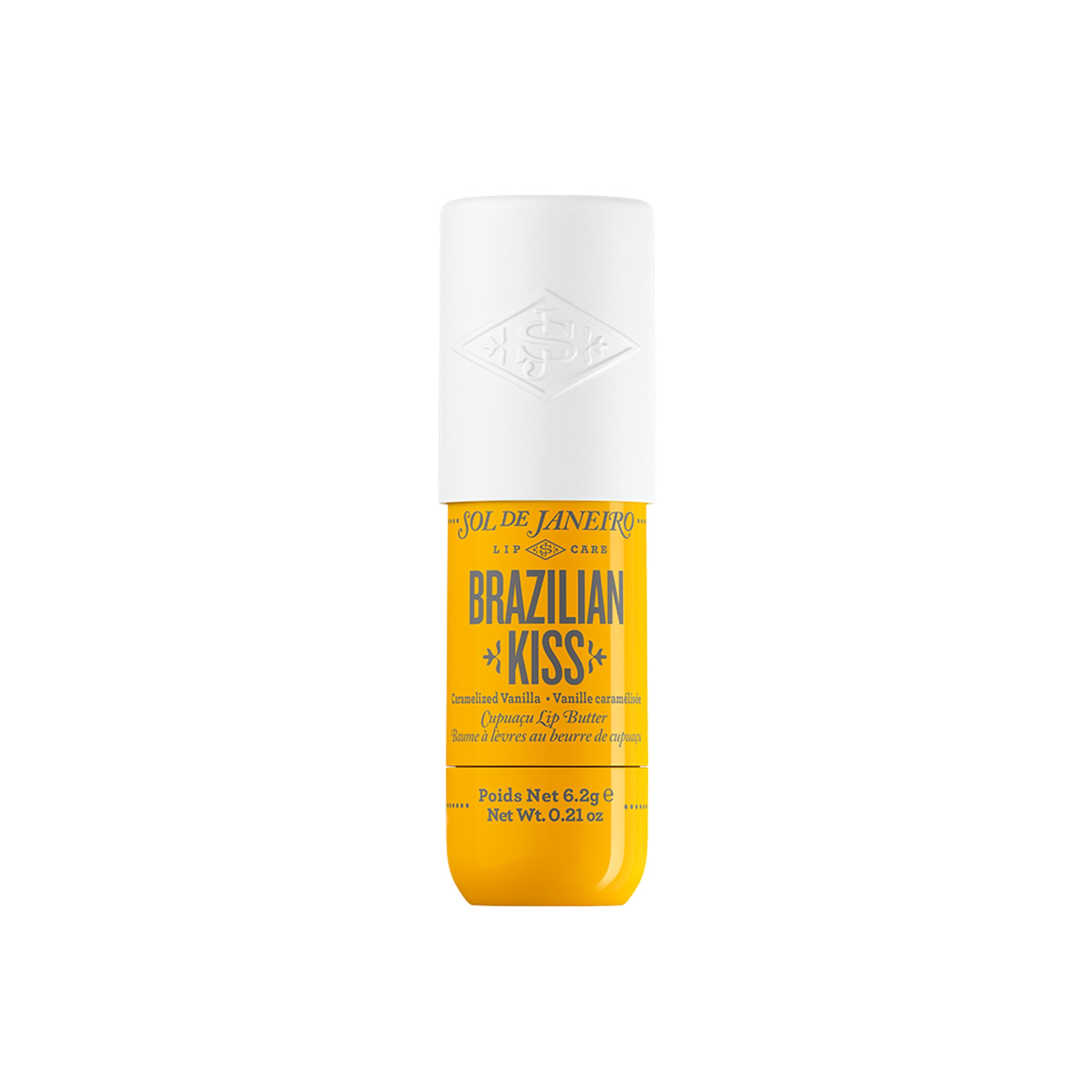 Sol de Janeiro Brazilian Kiss lip butter tube closeup showing smooth, nourished lips