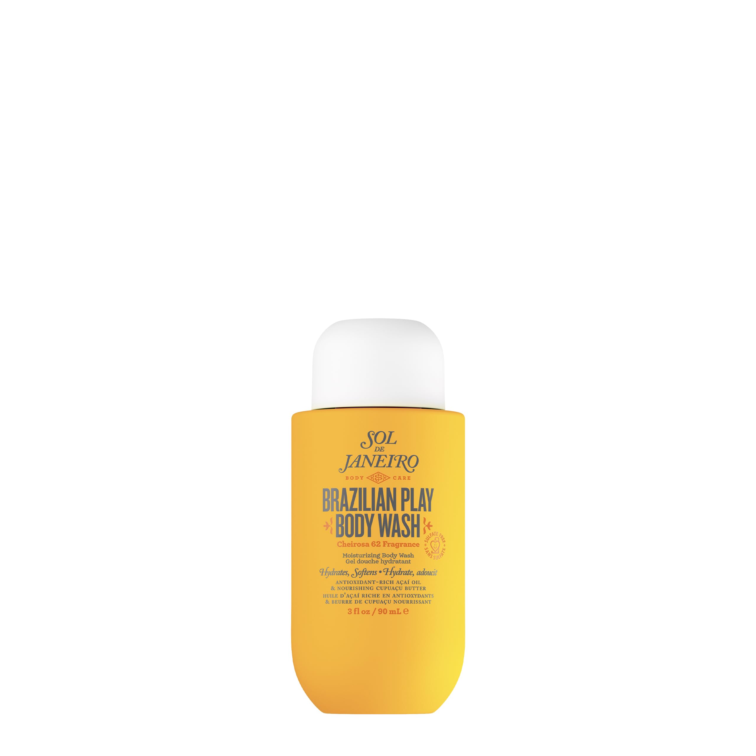 Sol de Janeiro Brazilian Play shower cream bottle shows luxuriant lather for a pampering ritual.