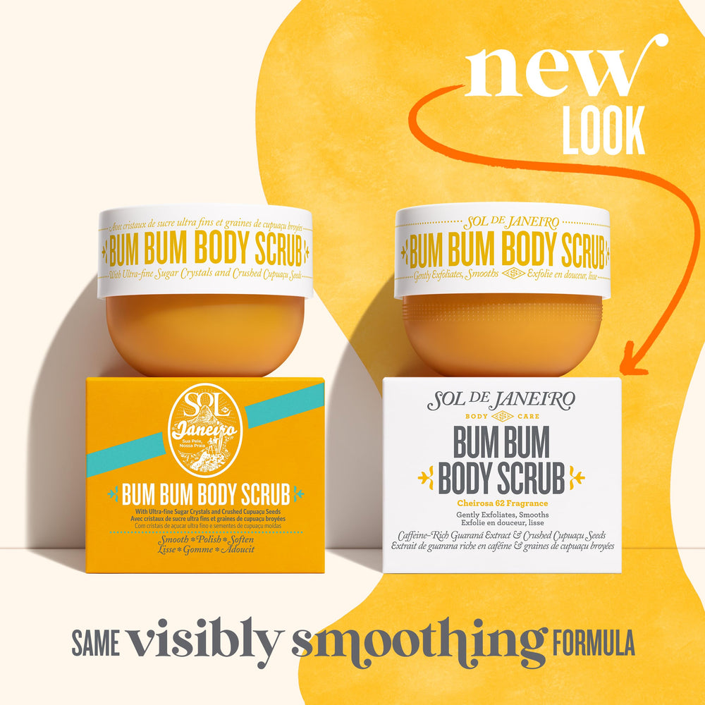Sol de Janeiro Bum Bum Body Scrub Cheirosa 62 fragrance notes evoke dessert-inspired aroma.