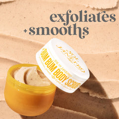 Sol de Janeiro Bum Bum Body Scrub jar closeup highlights rich texture.