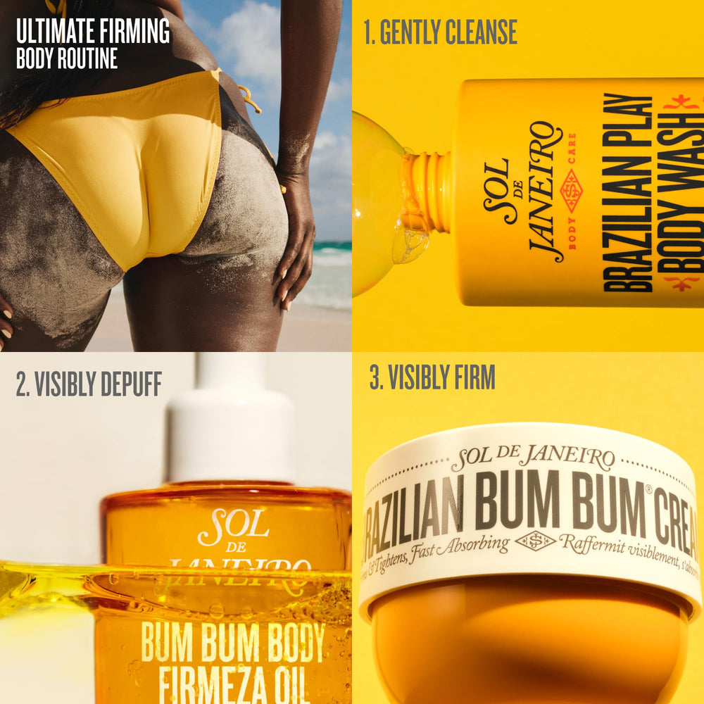 Sol de Janeiro Bum Bum Firmeza packaging emphasizes luxe, sustainable sourcing.