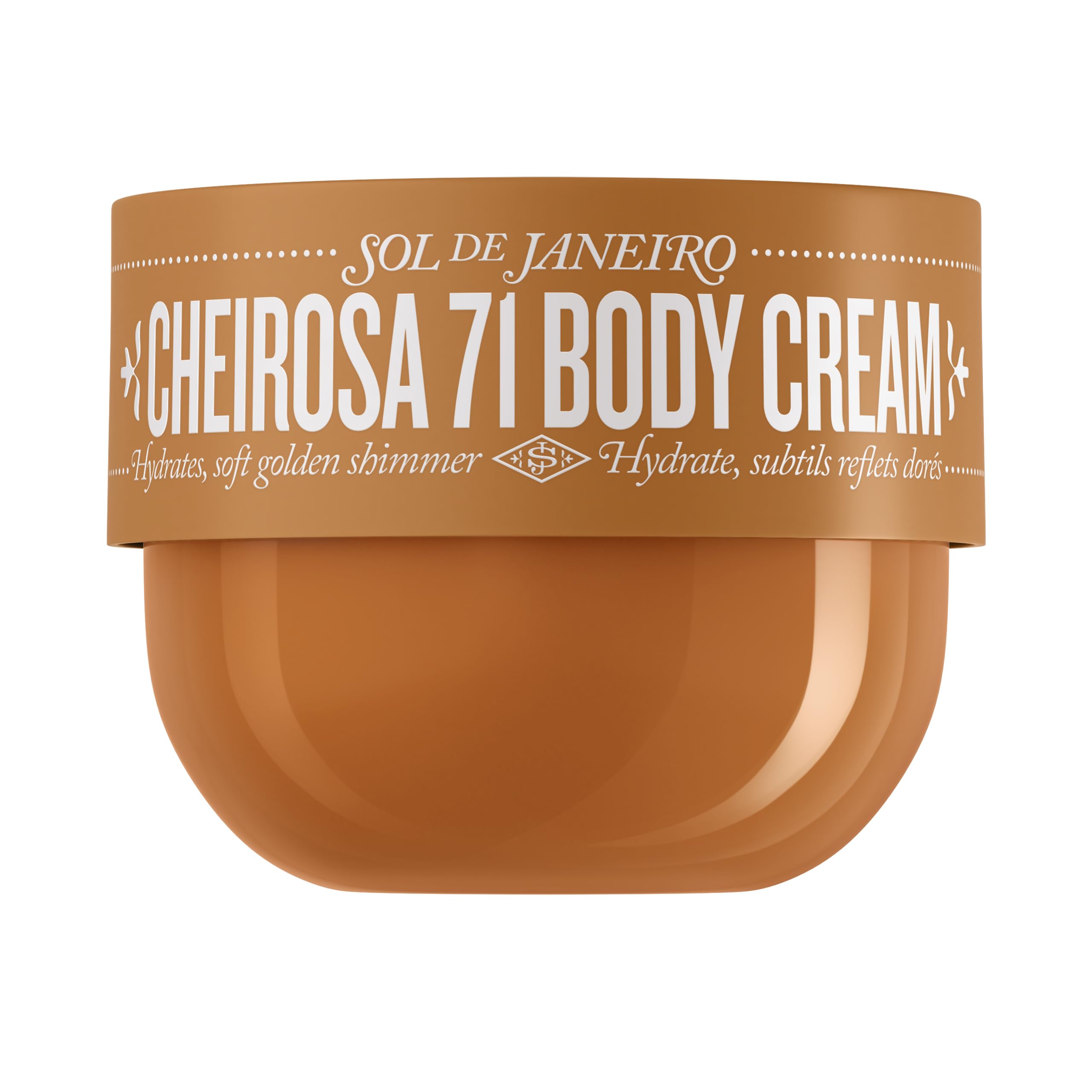 Sol de Janeiro Cheirosa 71 shimmering body cream bottle glows with soft gold shimmer