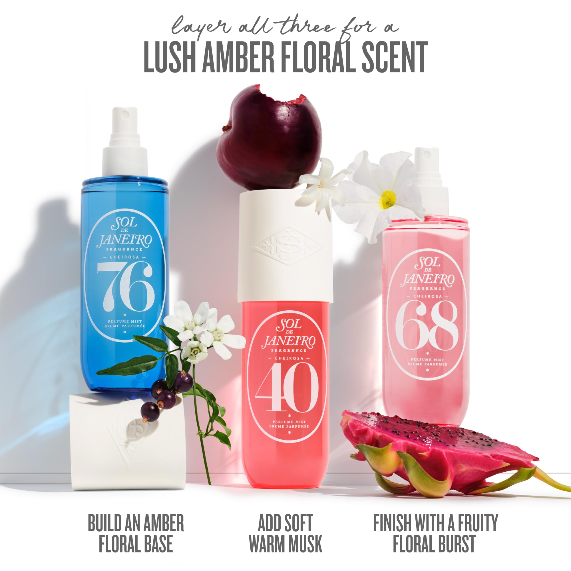 Sol de Janeiro Cheirosa 76 infused amber floral visual — conveys luxury fragrance mood.