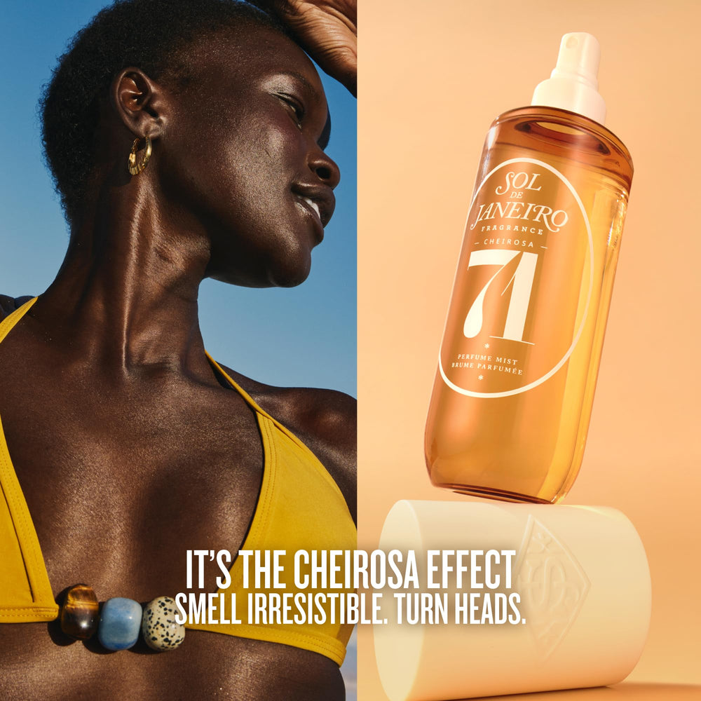 Sol de Janeiro Cheirosa mist closeup showing label for iconic fragrance.
