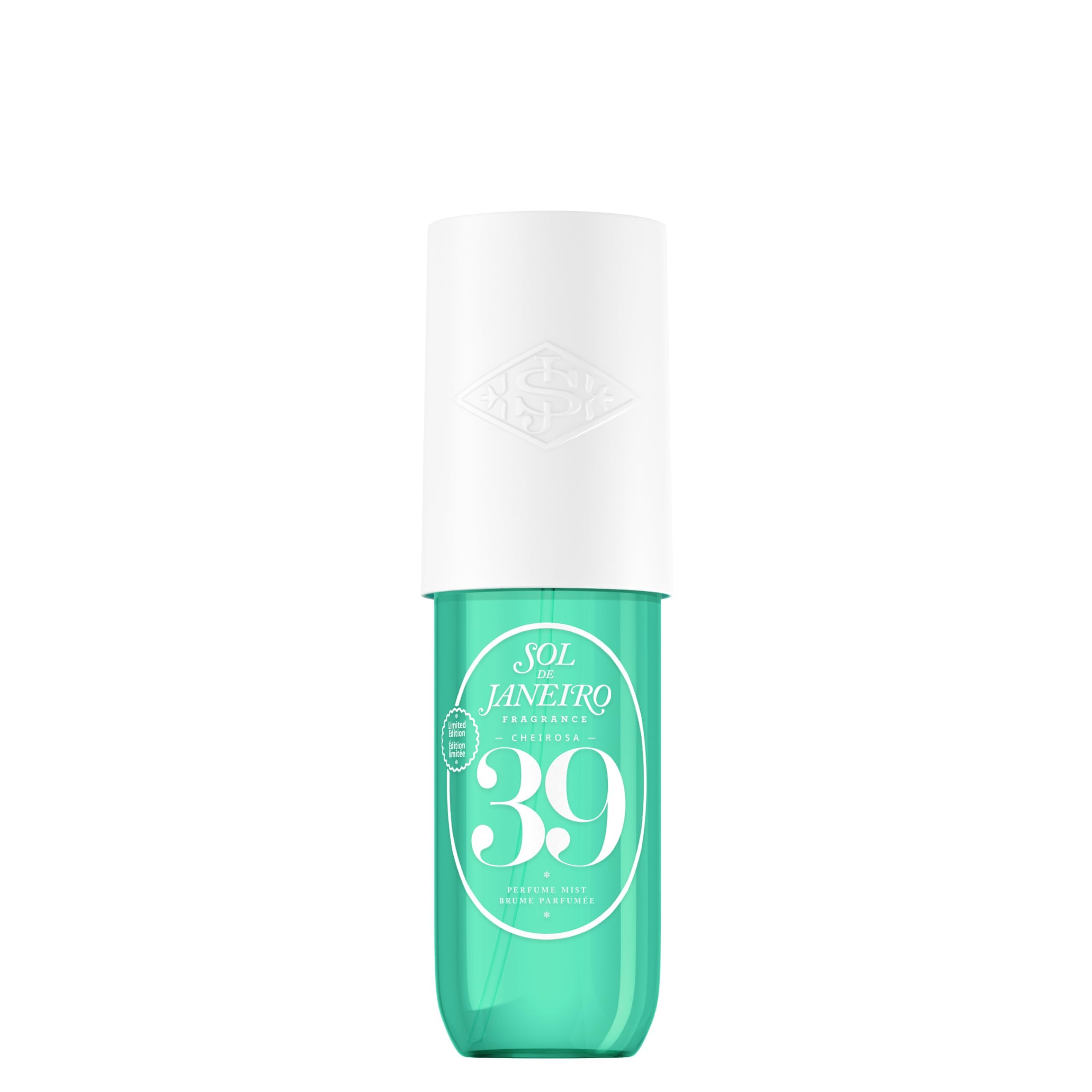 Sol de Janeiro Cheirosa 39 bottle closeup highlights tropical gourmand fragrance for everyday mood uplift.