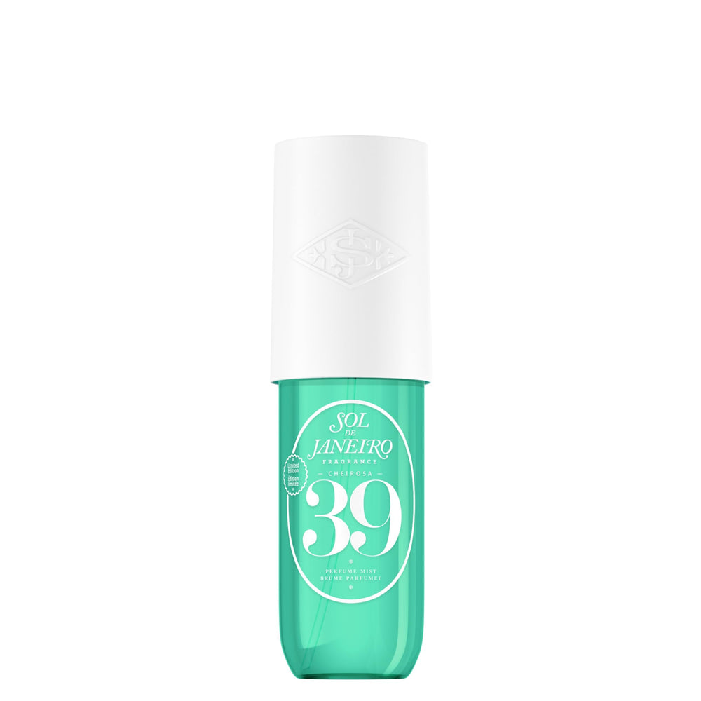 Sol de Janeiro Cheirosa 39 bottle closeup highlights tropical gourmand fragrance for everyday mood uplift.