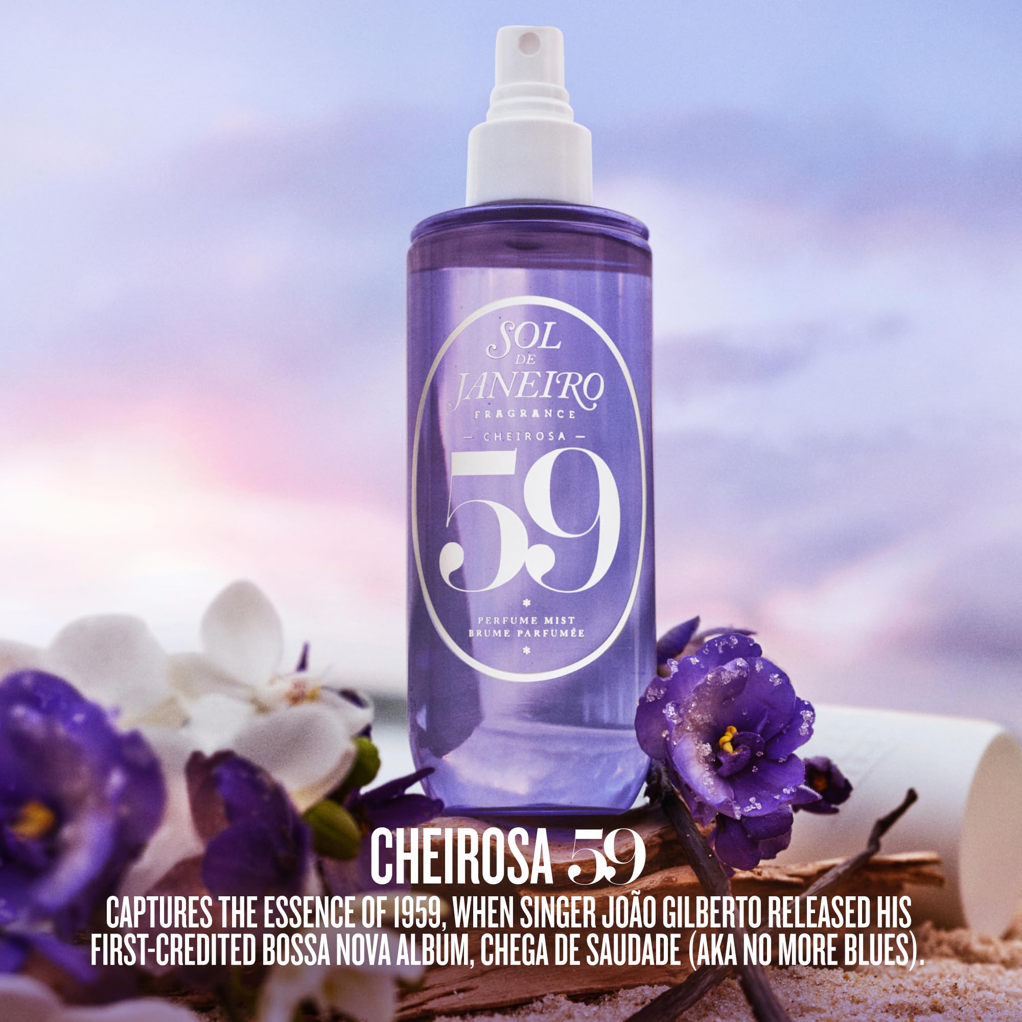 Sol de Janeiro Cheirosa 59 bottle against sunset, woody gourmand profile ideal for evenings
