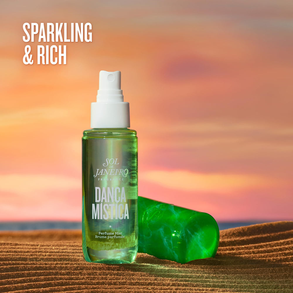 Sol de Janeiro Danca Mistica spray application showing travel-friendly design for on-the-go fragrance.