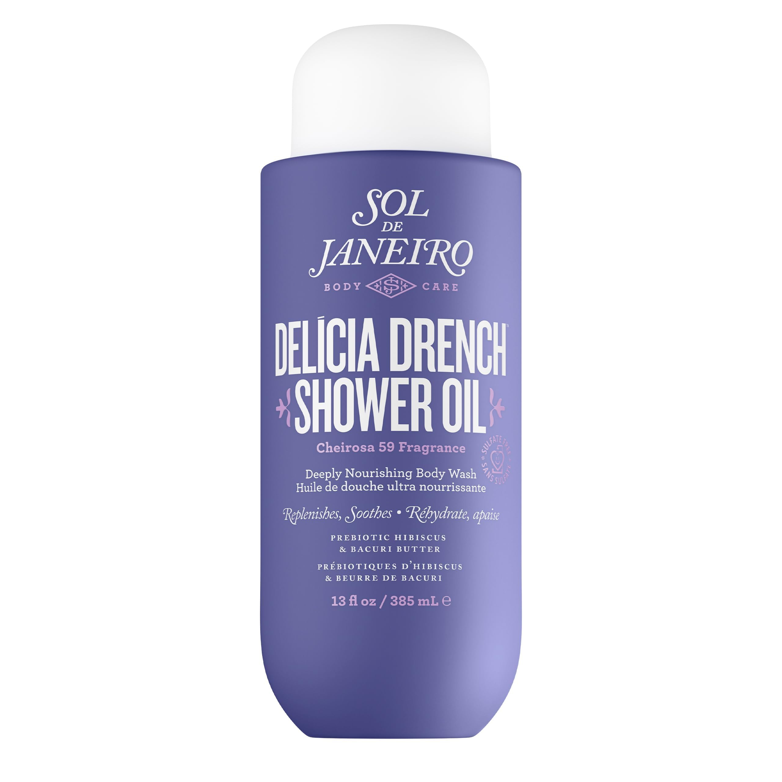 Sol de Janeiro Delicia Drench Shower Oil bottle nourishes skin during shower ritual.