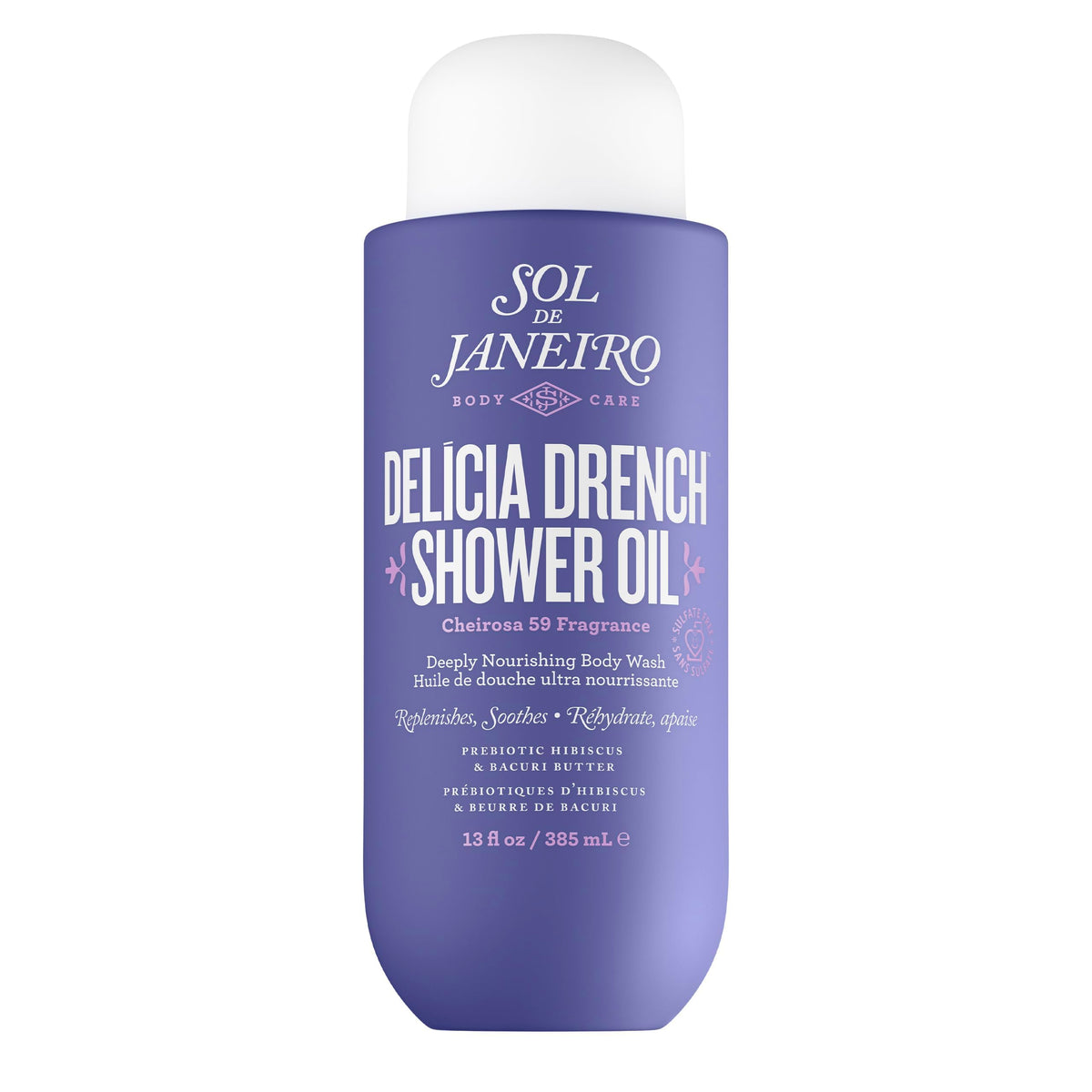 Sol de Janeiro Delicia Drench Shower Oil bottle nourishes skin during shower ritual.