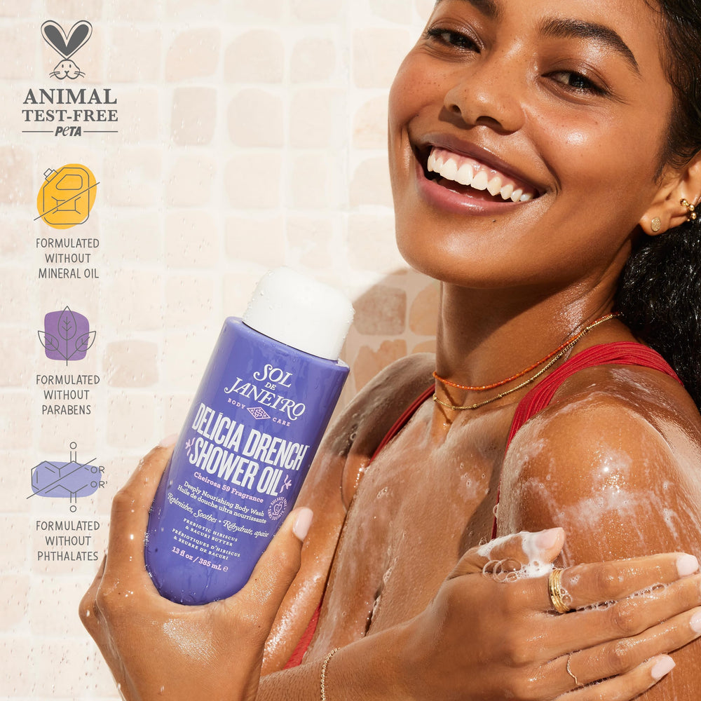 Sol de Janeiro Delicia Drench Shower Oil Cheirosa 59 scent boosts mood during shower.