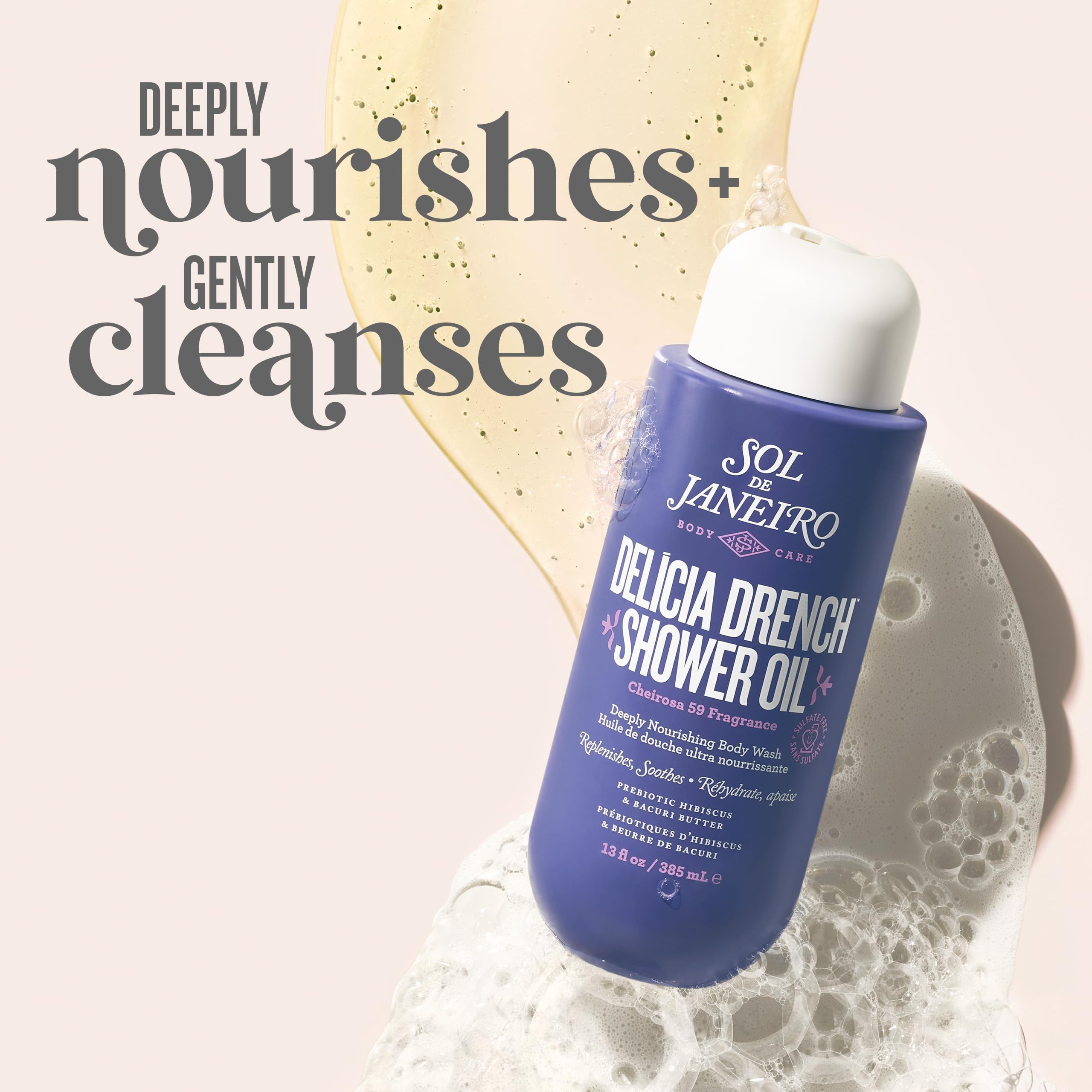 Sol de Janeiro Delicia Drench Shower Oil bottle pour delivers rich cleansing and moisture.