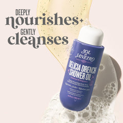 Sol de Janeiro Delicia Drench Shower Oil bottle pour delivers rich cleansing and moisture.