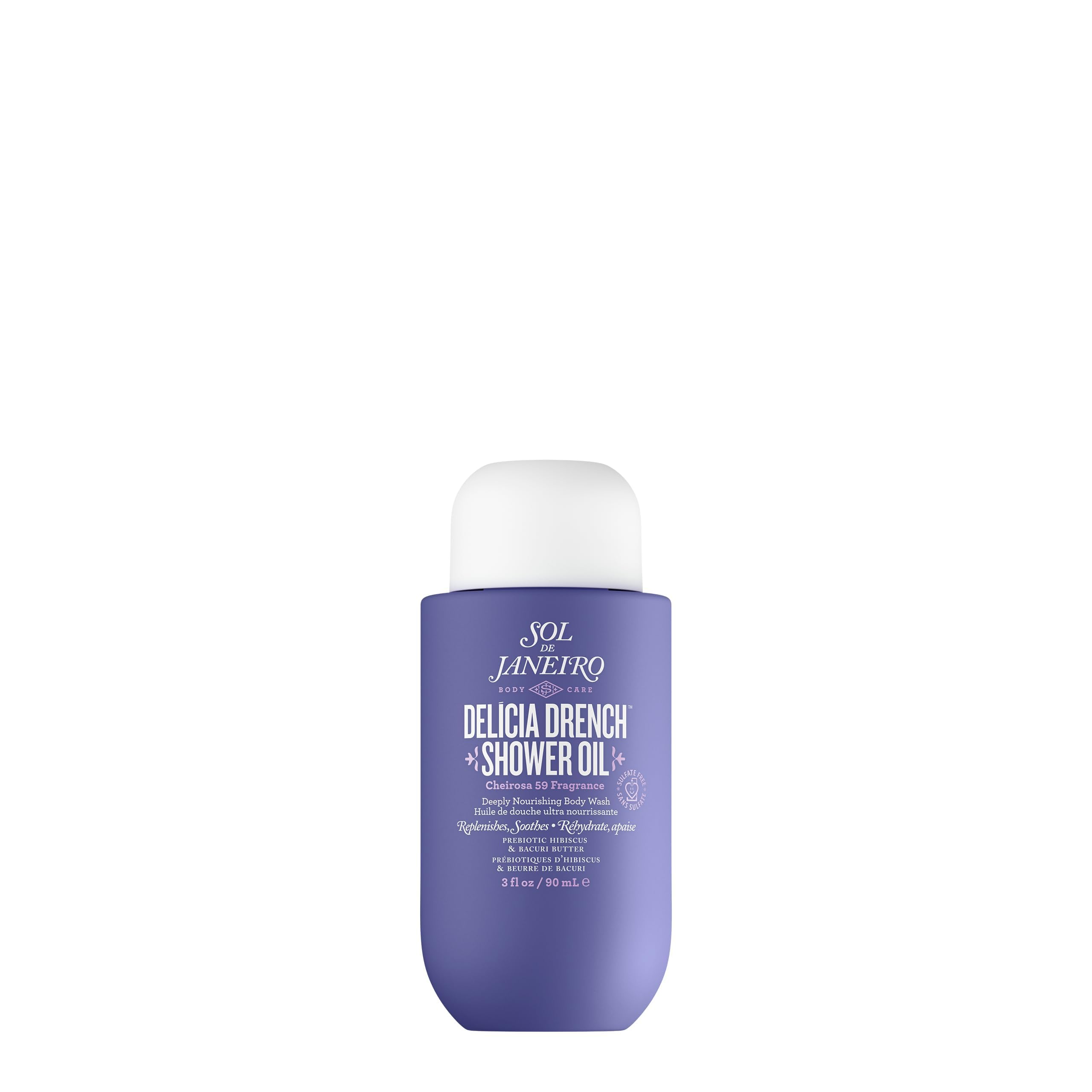 Sol de Janeiro Delicia Drench Shower Oil travel splash demonstrates nourishing on-the-go cleanse