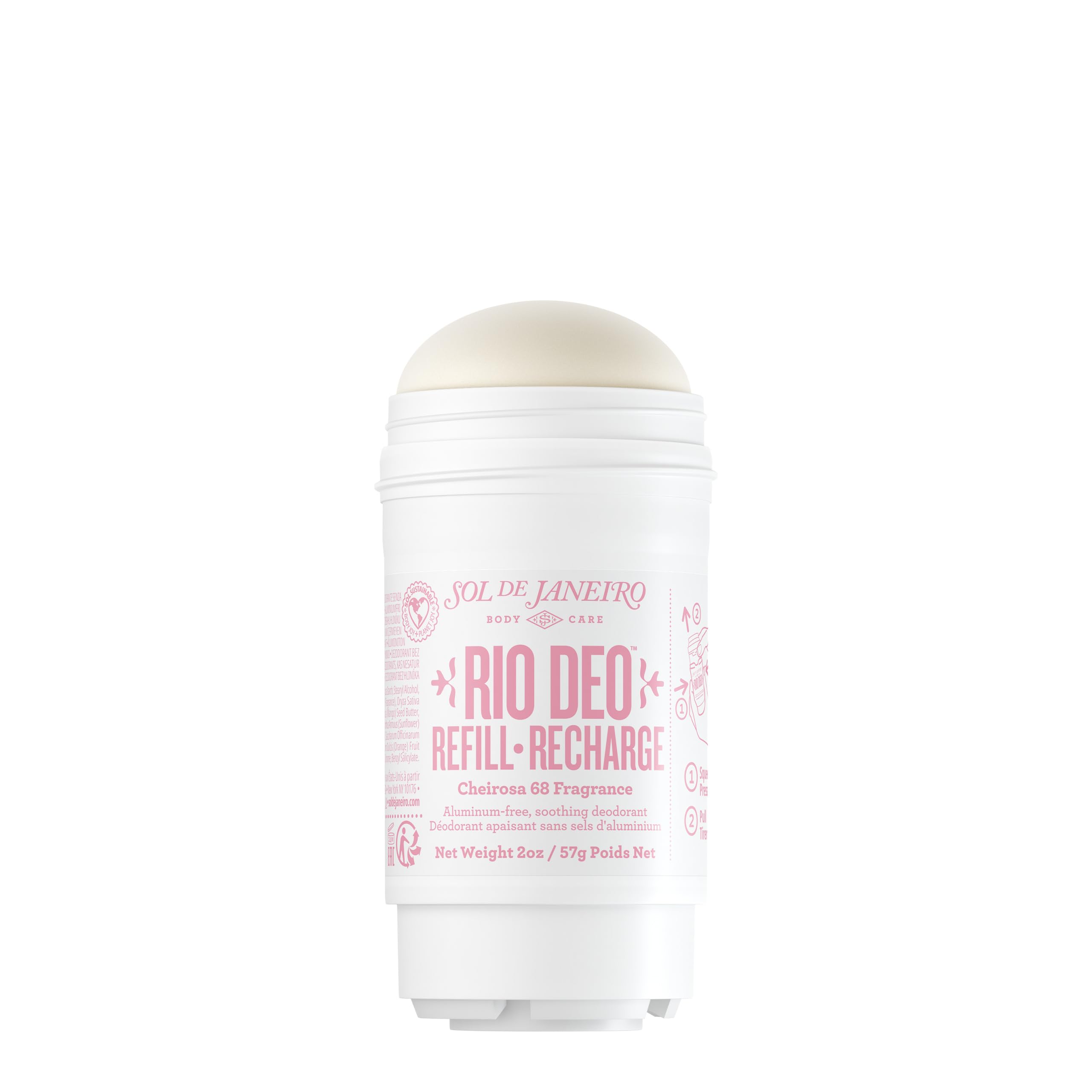 Sol de Janeiro Rio Deo Cheirosa 68 refill packaging highlights odor-control formula and sustainable design.