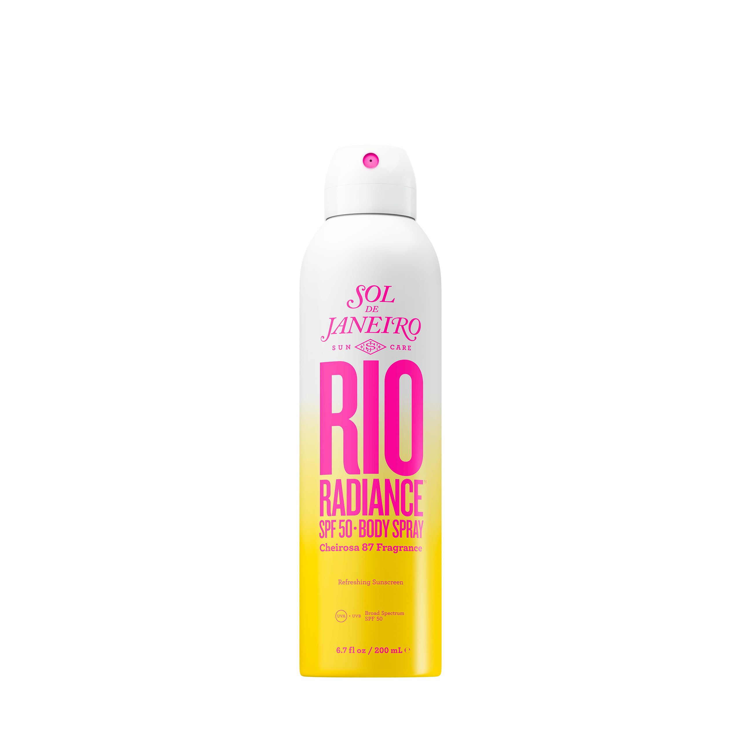 Sol de Janeiro Rio Radiance SPF 50 body spray bottle shows sheer hydration for all skin tones