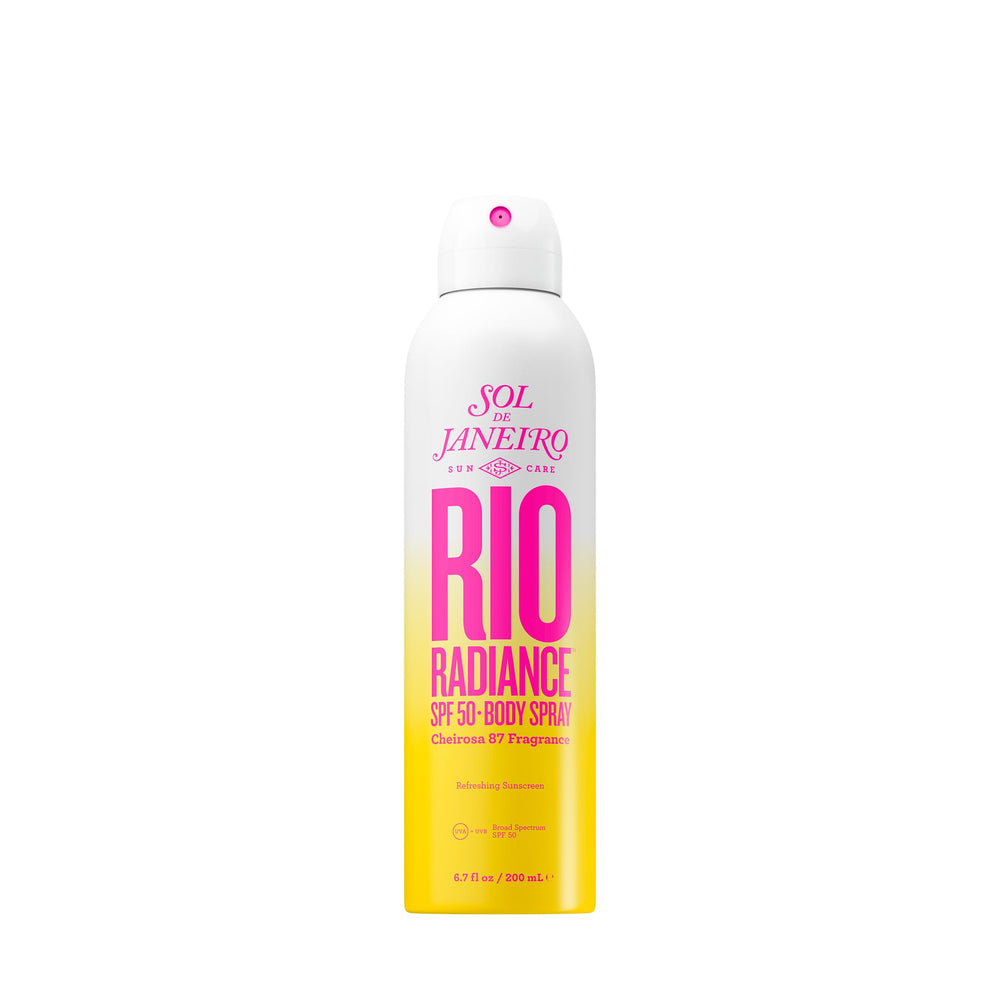 Sol de Janeiro Rio Radiance SPF 50 body spray bottle shows sheer hydration for all skin tones