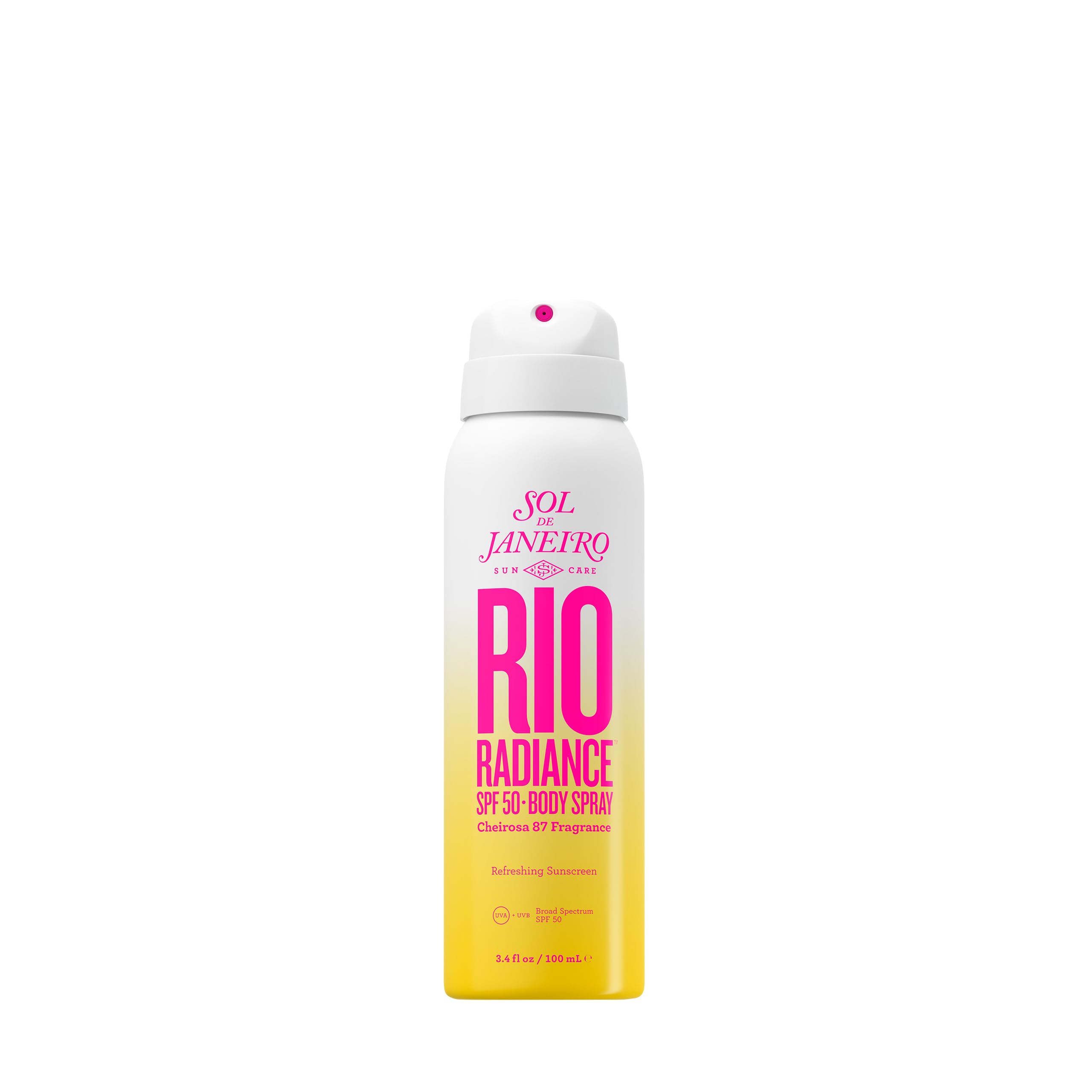 Sol de Janeiro Rio Radiance SPF 50 body spray bottle providing broad protection in a hydrating mist.