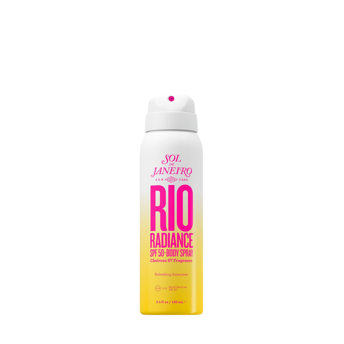 Sol de Janeiro Rio Radiance SPF 50 spray bottle ready for beach protection.