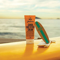 Sol de Janeiro Samba Smooth Foot Cream smoothing board close-up shows exfoliation for smoother heels.