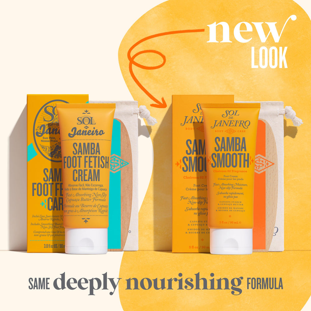 Sol de Janeiro Samba Smooth Foot Cream texture-application shot demonstrates rich moisture and quick absorption.