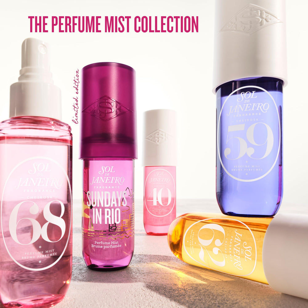 Sol de Janeiro Sundays in Rio glossy label highlights floral gourmand family for everyday elegance.