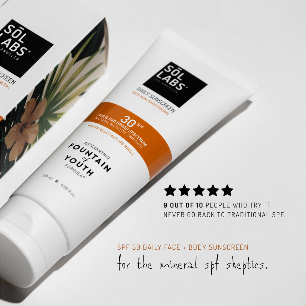SOL LABS mineral sunscreen texture close-up shows light, non-greasy finish blending seamlessly