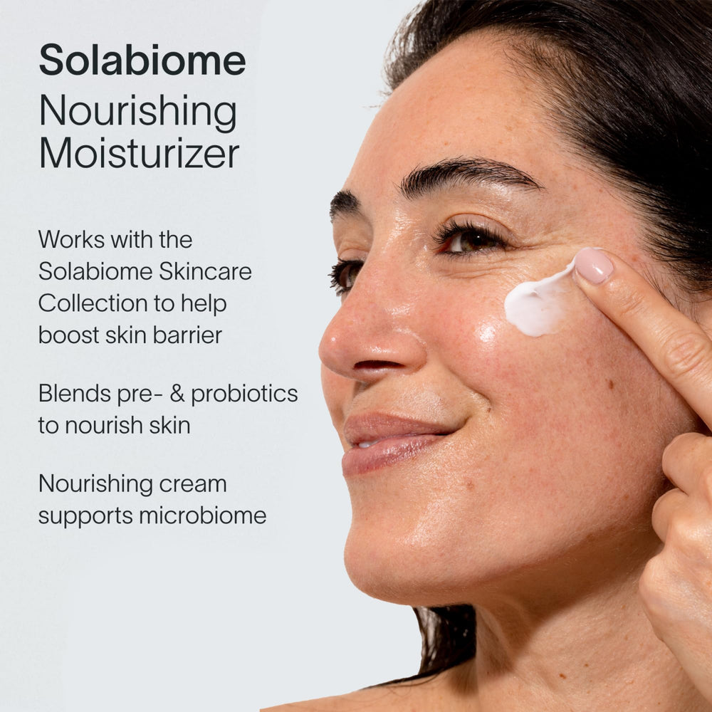 Solabiome triple-weight hyaluronic acid hydrates skin at multiple depths.