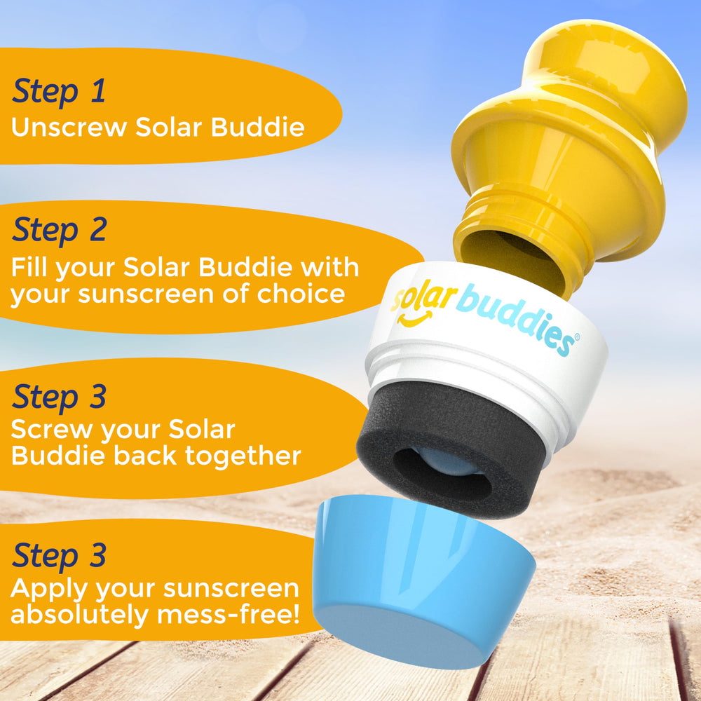 Solar Buddies sunscreen applicator blue in-use shows even distribution.