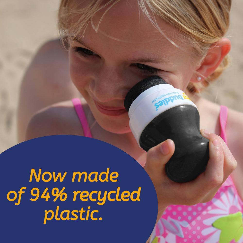 Solar Buddies Sunscreen Applicator Green open head demonstrates replaceable sponge design.