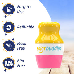 Solar Buddies sunscreen applicator pink sponge head enables smooth, even coverage.