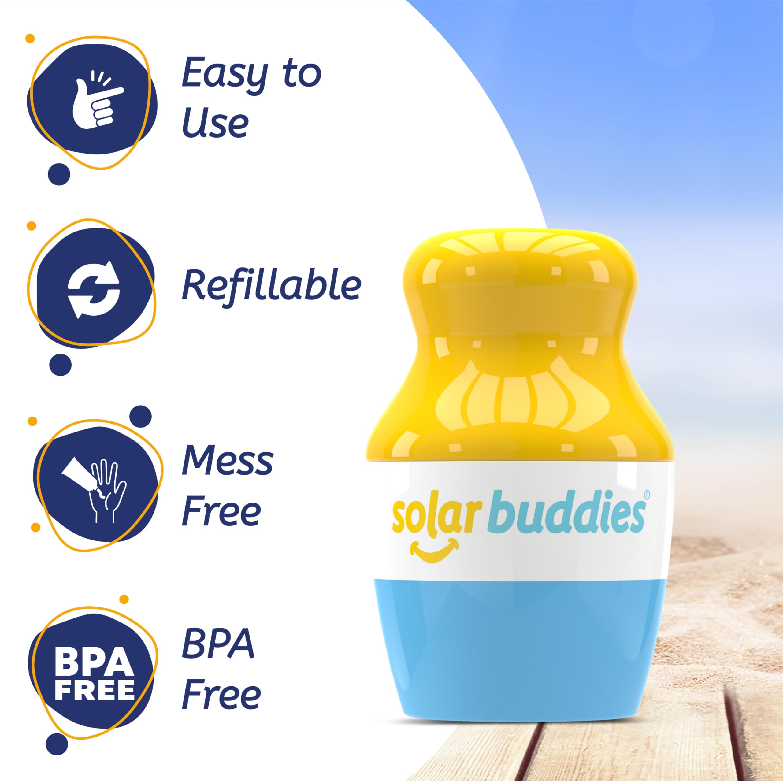 Solar Buddies Sunscreen Empty Refillable Container highlights sustainable, reusable sun protection at home or travel