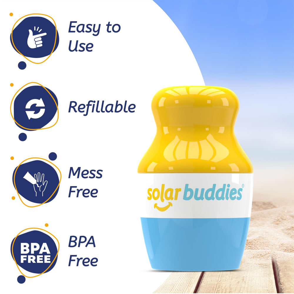 Solar Buddies Sunscreen Empty Refillable Container highlights sustainable, reusable sun protection at home or travel