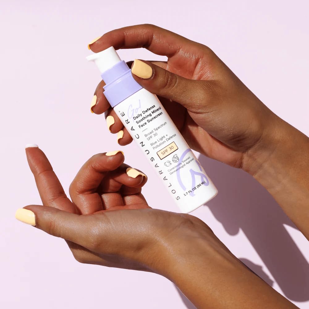 Solara Suncare Go! Daily Defense packaging closeup emphasizing reef-friendly vegan sunscreen in travel-friendly size