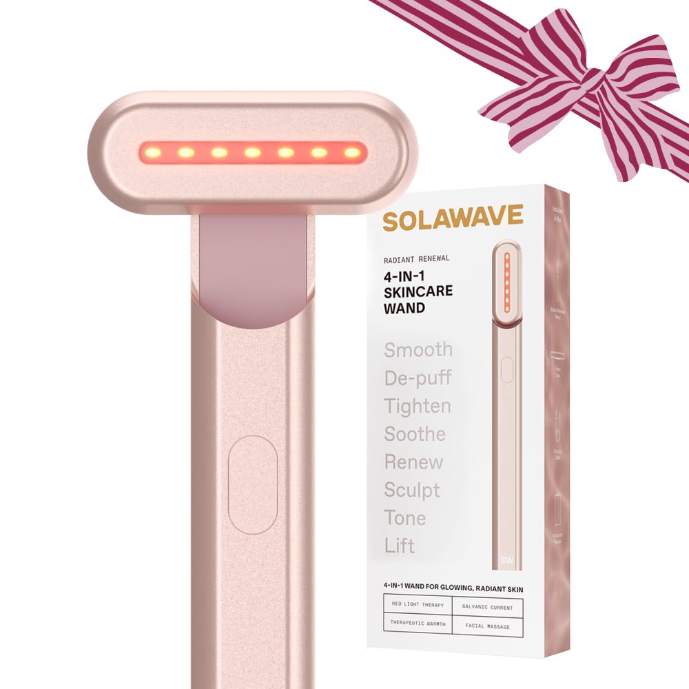 Solawave 4-in-1 wand closeup demonstrates sleek rose-gold design for anti-aging skincare.