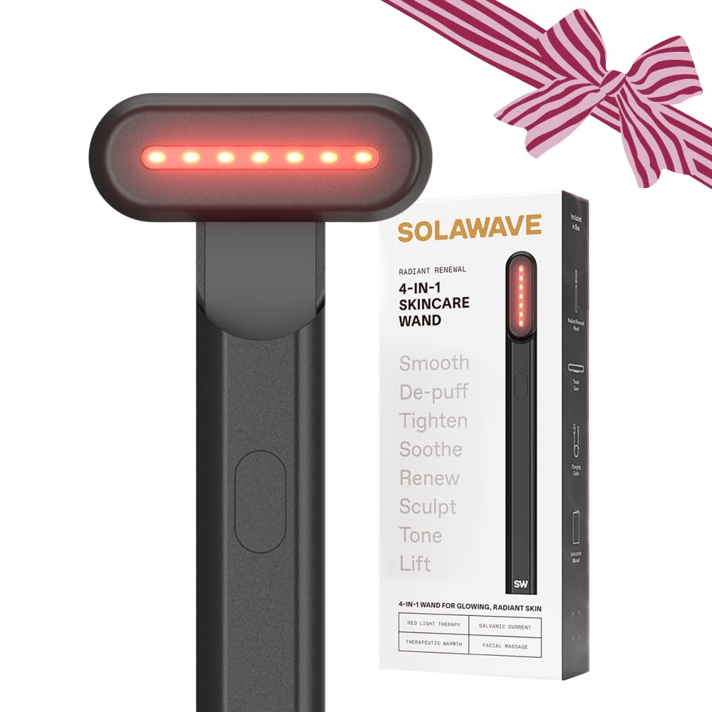 Solawave 4-in-1 wand on face and neck for radiant, smoother skin.