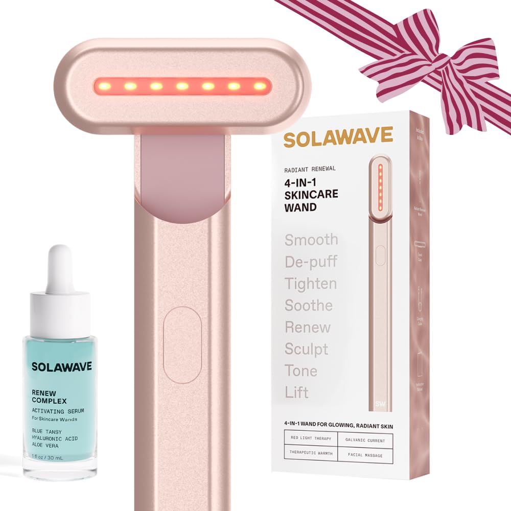 Solawave 4in1 therapy wand in-use for red light facial rejuvenation at home.
