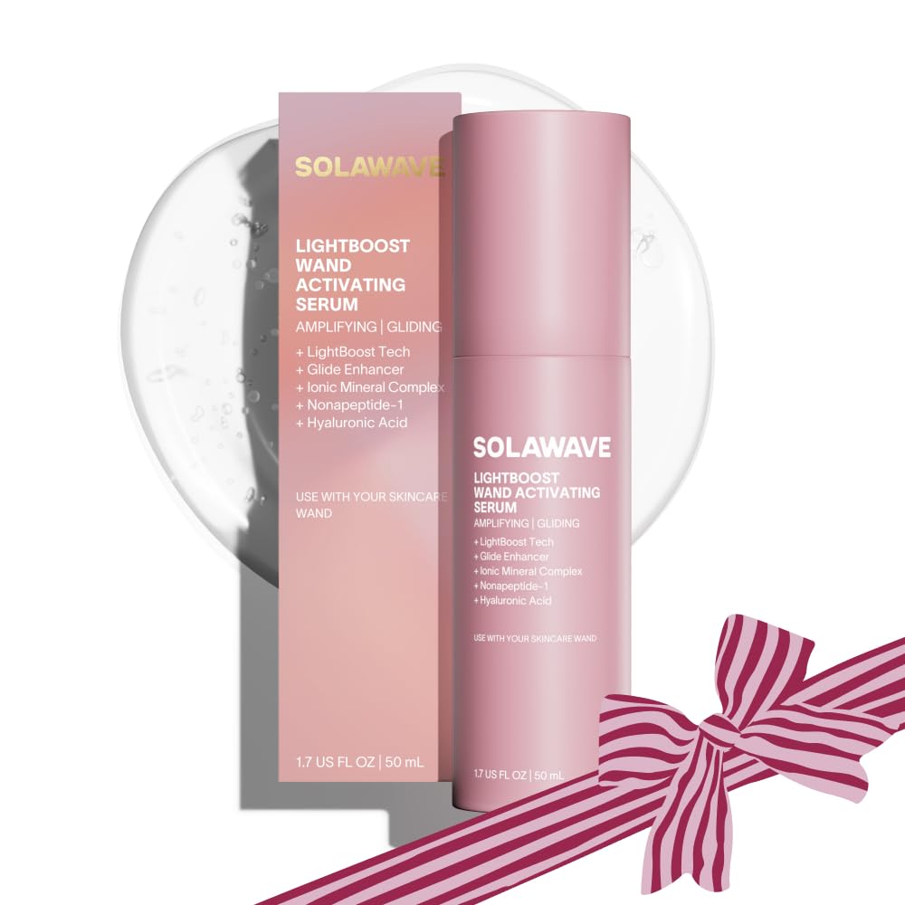 Solawave LightBoost activating serum bottle closeup showing smooth glide and hydrating glow.