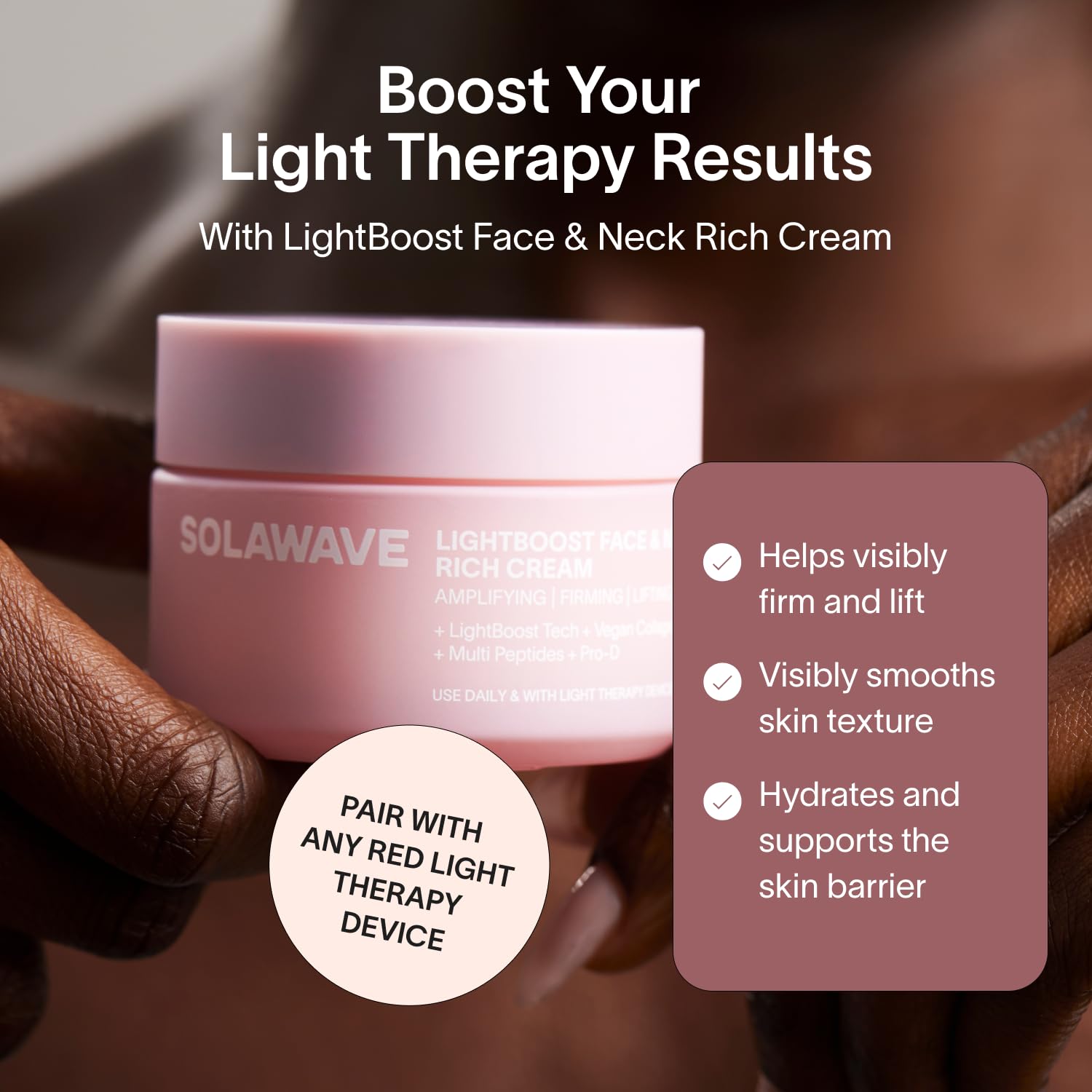 Solawave LightBoost Rich Cream on chest area for hydrated, firm look
