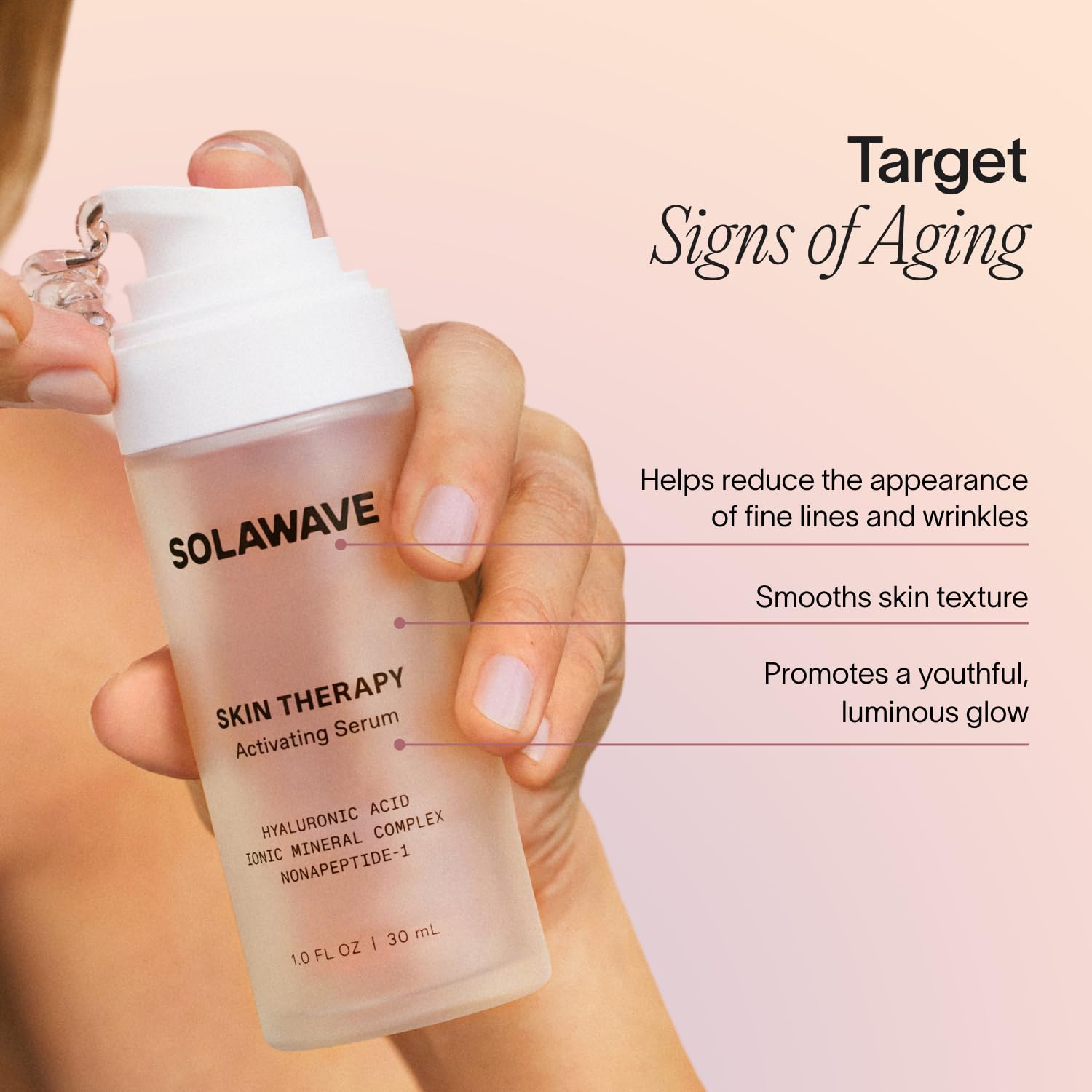 Solawave nonapeptide-1 serum helps visibly plump and smooth skin with wand sessions.