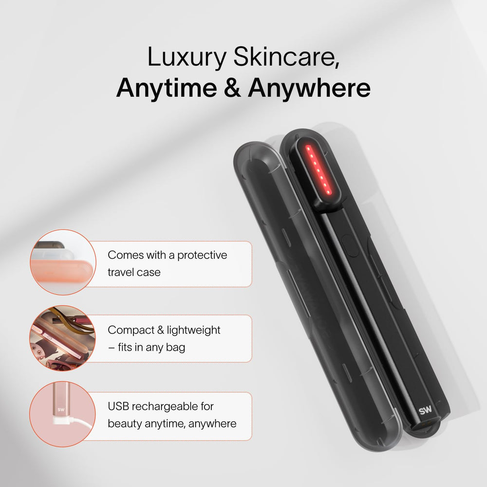 Solawave packaging and accessories setup for a tidy, ready-to-use skincare routine.