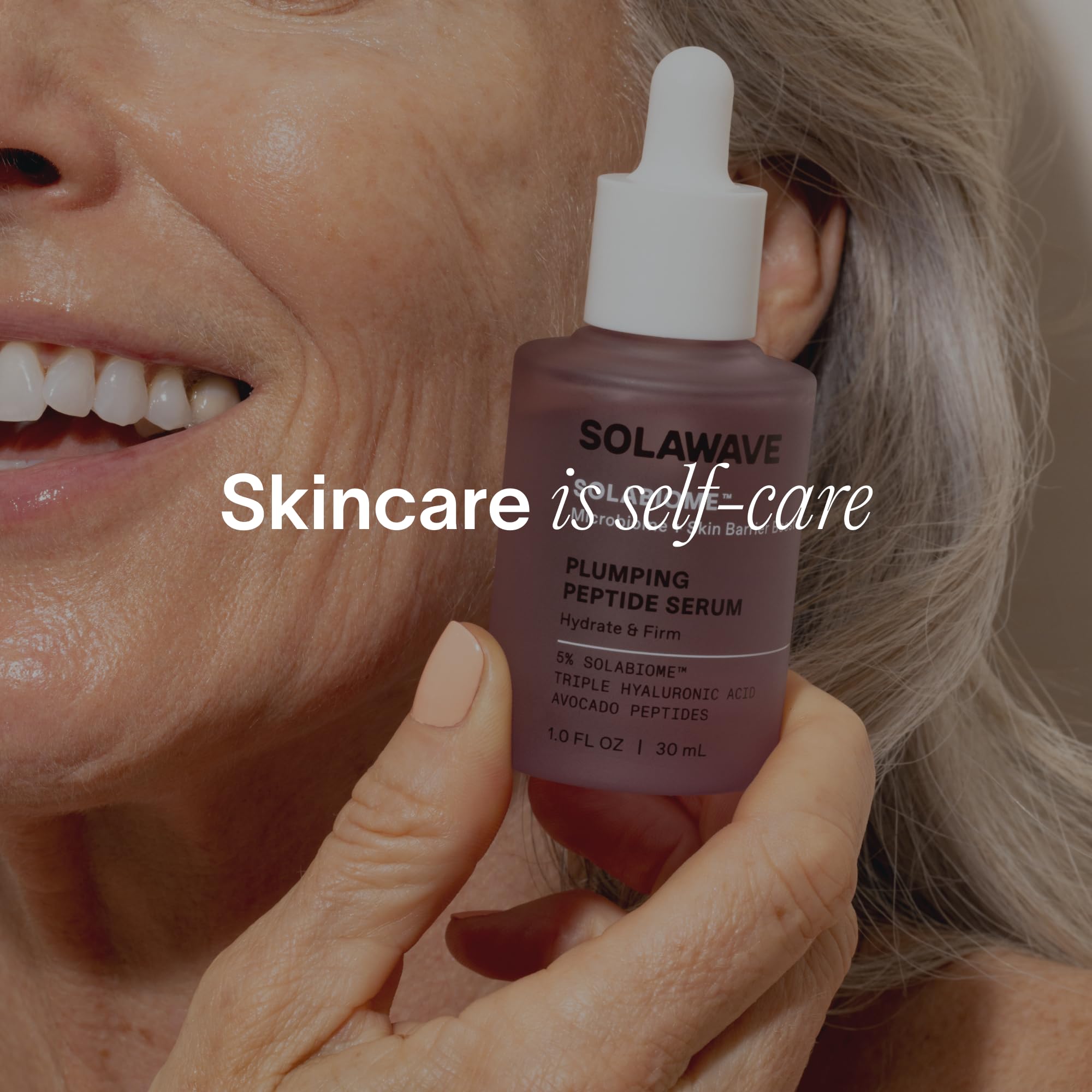 Solawave Plumping Peptide Serum label showing probiotic and hyaluronic components